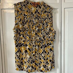 Tory Burch 100% Silk Yellow and Black Ruffled Sleeveless Blouse - Size 10